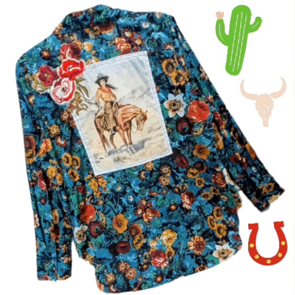 Montana Co Gorgeous Floral Metal Button Down Southwestern Girl on horse 🐴🤠💐🌸
